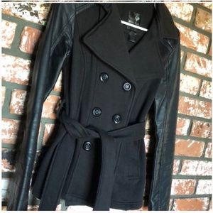 Black peacoat with faux leather sleeves and hood